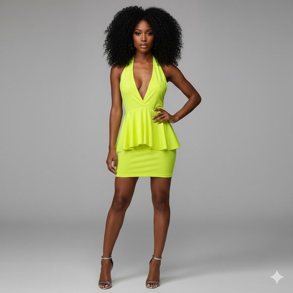 Neon Yellow Halter Peplum Dress - Picture 1 of 4